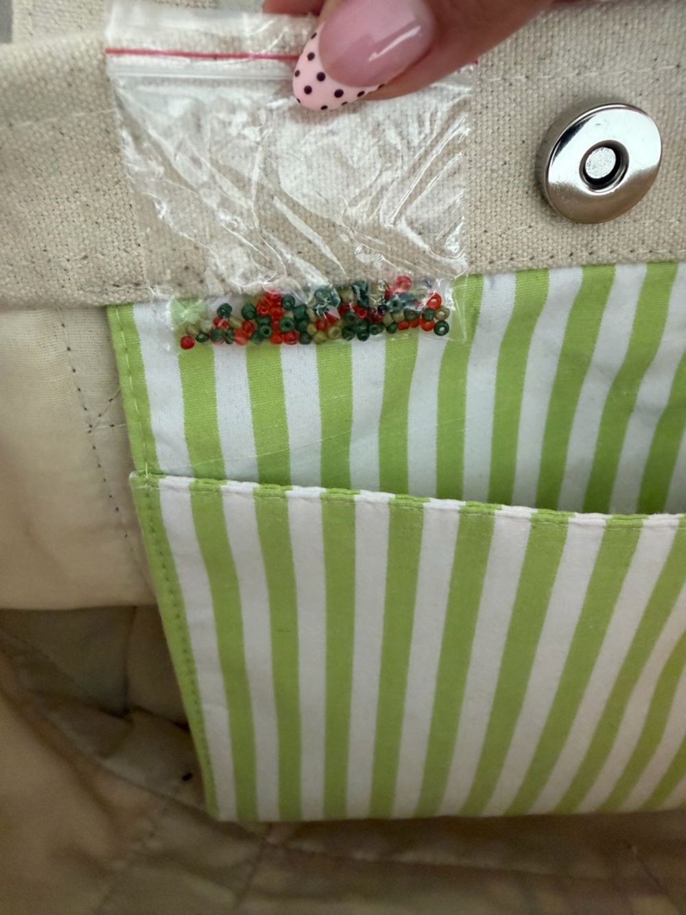 America & Beyond Olive Beaded Canvas Boat Tote - Green and Cream - Picture 5 of 5